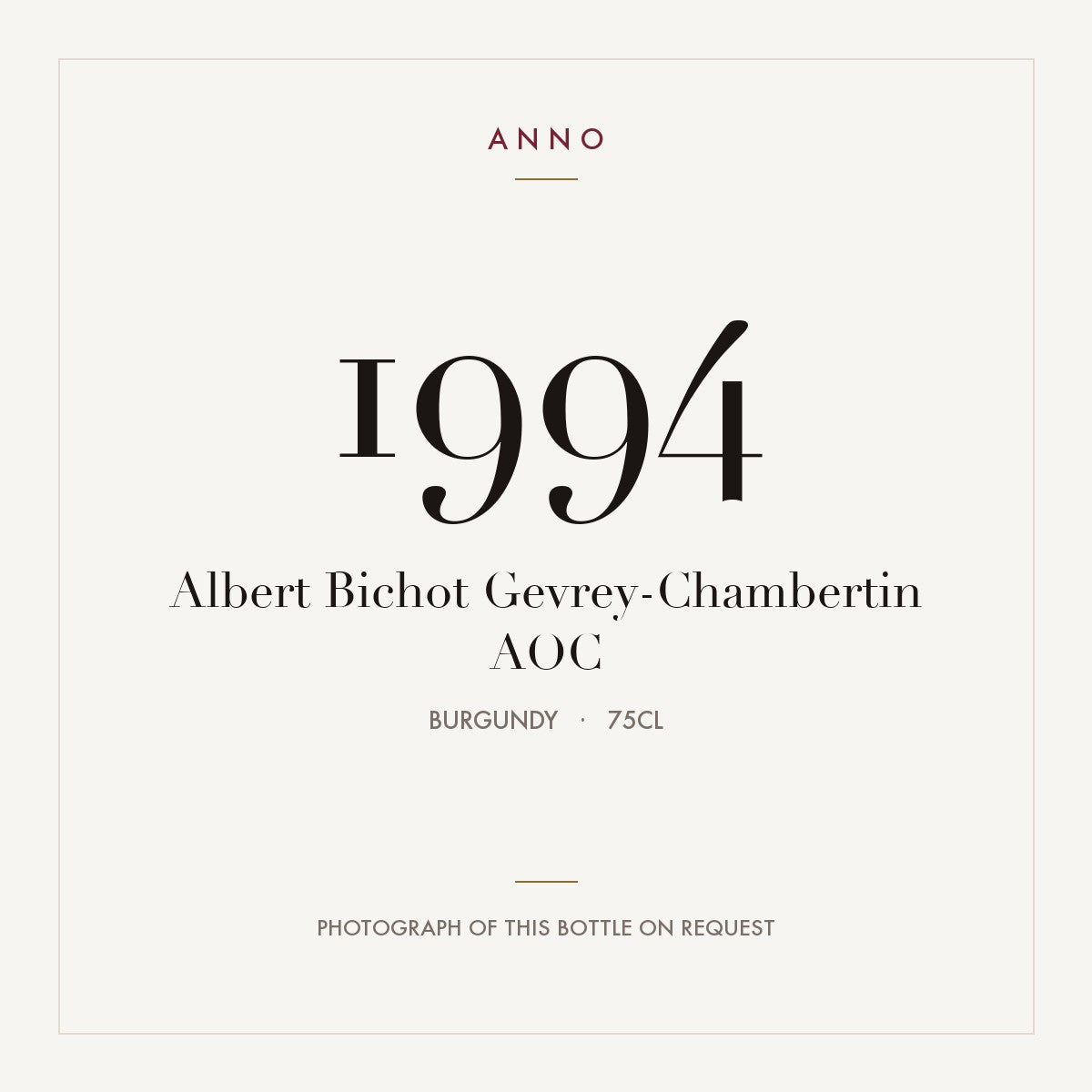 Albert Bichot Gevrey-Chambertin 1994 AOC 0,75l, Borgonha — cartão de colheita ANNO; fotografia da garrafa real disponível a pedido