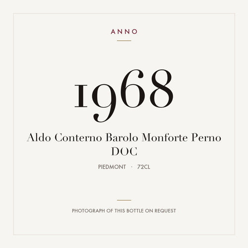 Aldo Conterno Barolo Monforte Perno 1968 DOC 0,72l, Пьемонт — карточка урожая ANNO; фото настоящей бутылки по запросу