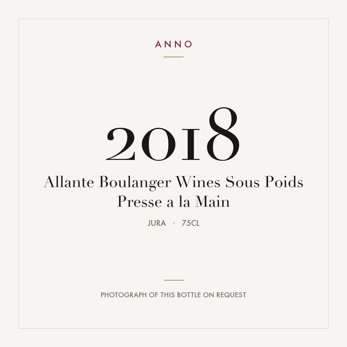 Allante Boulanger Wines Sous Poids Presse a la Main 2018 0,75l, Jura — ANNO-jaargangkaart; foto van de echte fles op aanvraag