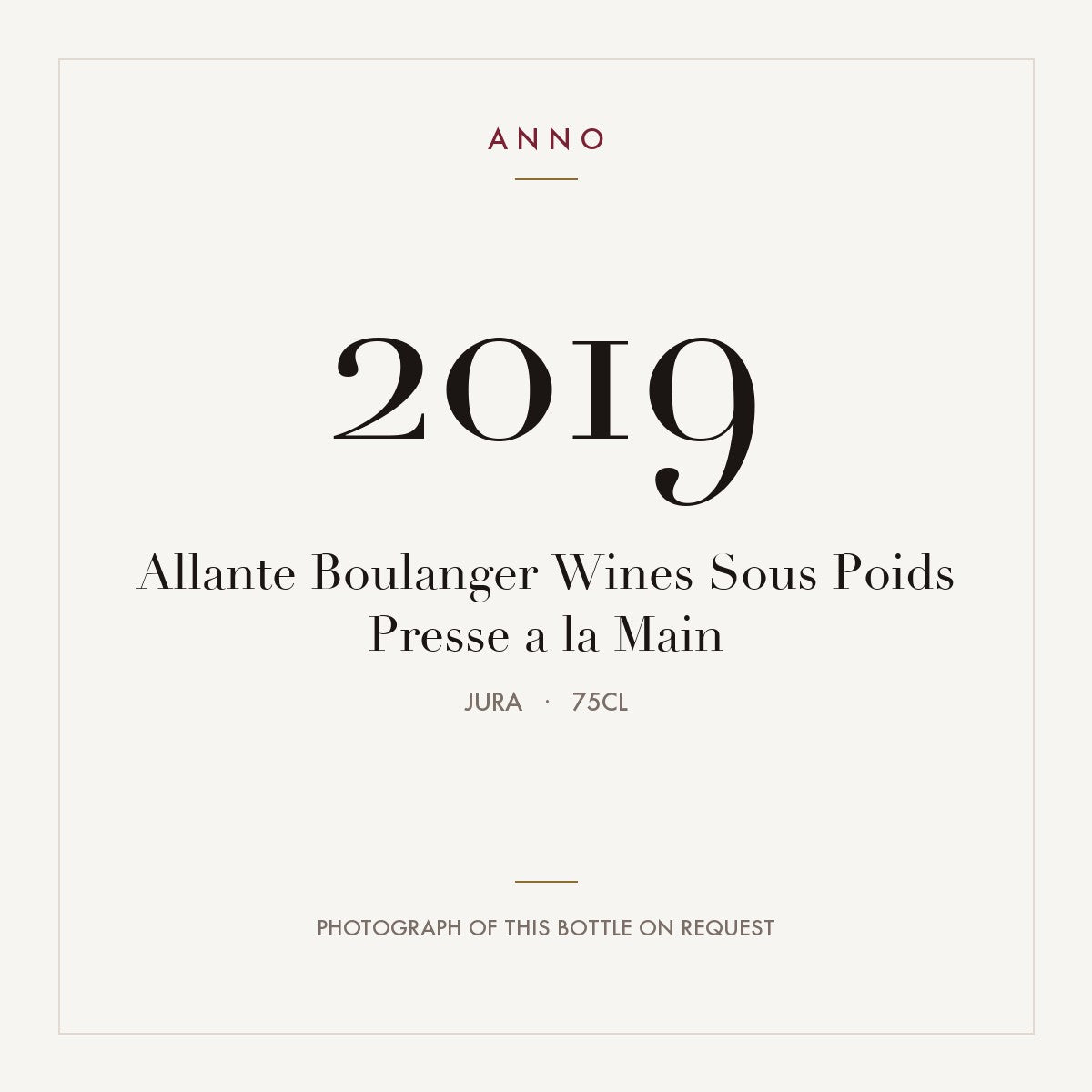 Allante Boulanger Wines Sous Poids Presse a la Main 2019 0,75l from Jura — ANNO vintage card; photograph of the actual bottle available on request