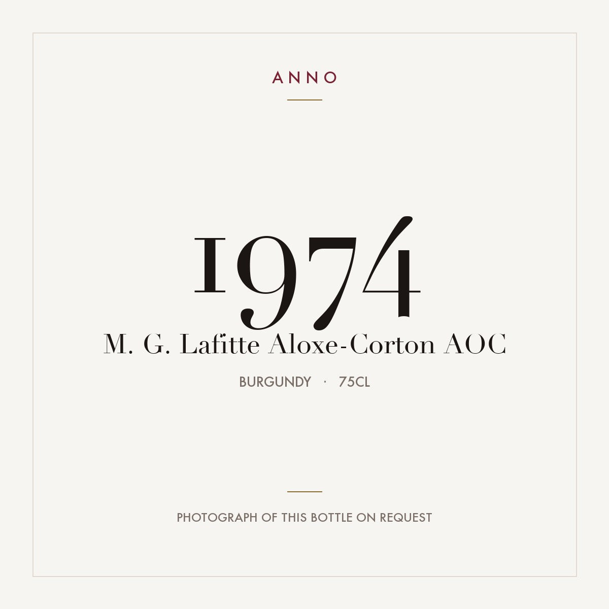 M. G. Lafitte Aloxe-Corton 1974 AOC 0,75l from Burgundy — ANNO vintage card; photograph of the actual bottle available on request