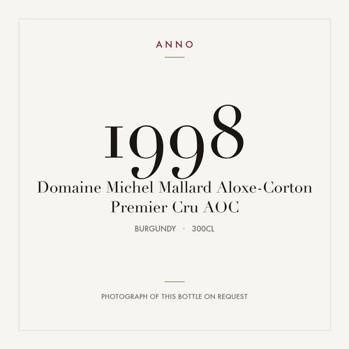 Domaine Michel Mallard Aloxe-Corton Premier Cru 1998 AOC 3l from Burgundy — ANNO vintage card; photograph of the actual bottle available on request