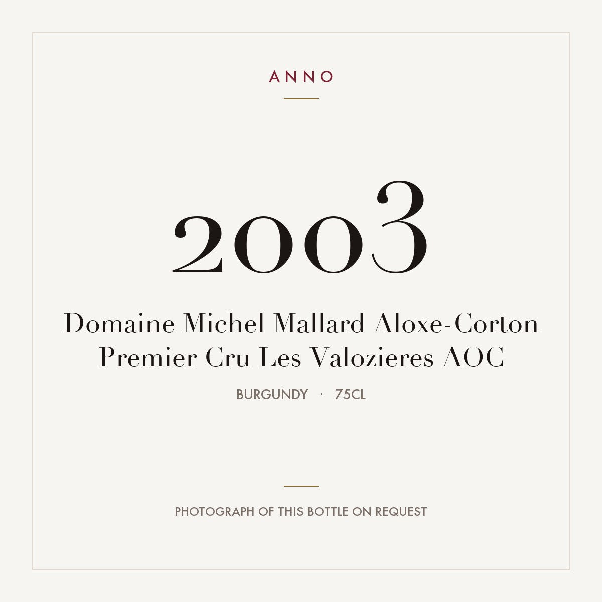 Domaine Michel Mallard Aloxe-Corton Premier Cru Les Valozieres 2003 AOC 0,75l from Burgundy — ANNO vintage card; photograph of the actual bottle available on request
