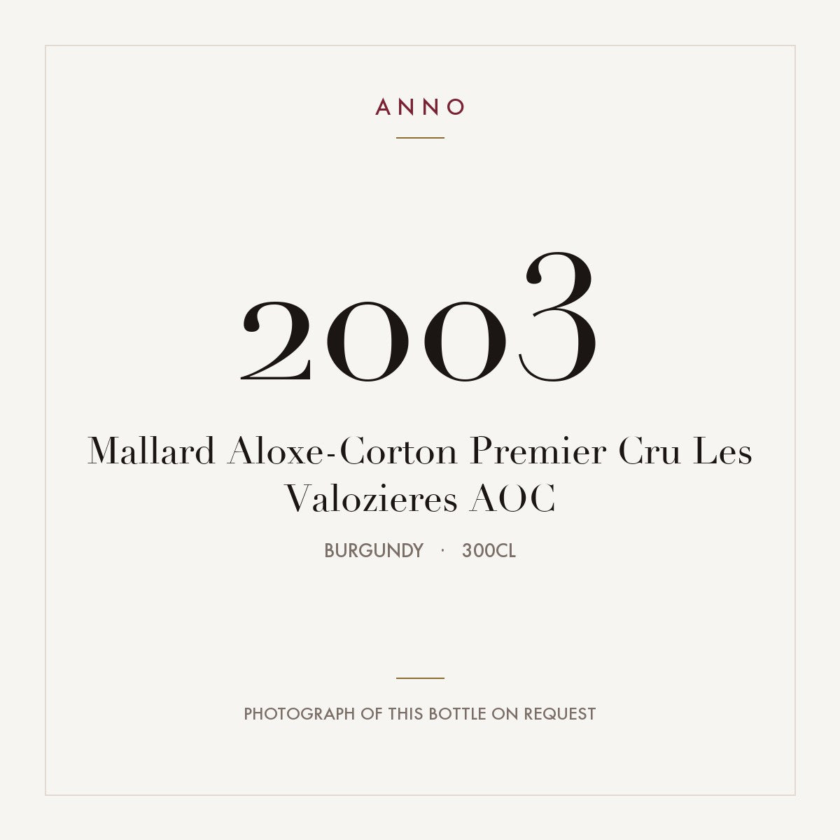 Mallard Aloxe-Corton Premier Cru Les Valozieres 2003 AOC 3l from Burgundy — ANNO vintage card; photograph of the actual bottle available on request