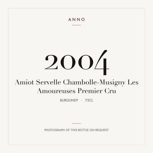 Amiot-Servelle Chambolle-Musigny Premier Cru Les Amoureuses 2004 AOC 0,75l — ANNO-Jahrgangskarte; Foto der tatsächlichen Flasche auf Anfrage