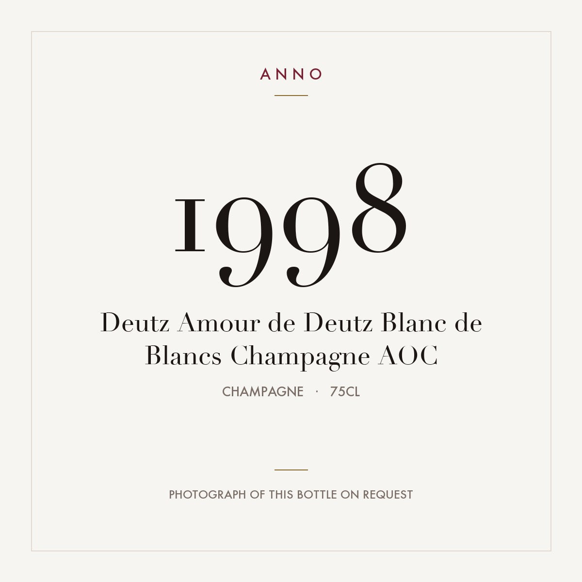 Deutz Amour de Deutz Blanc de Blancs Champagne 1998 AOC 0,75l, 香檳區 — ANNO 年份卡；實際酒瓶照片可應要求提供