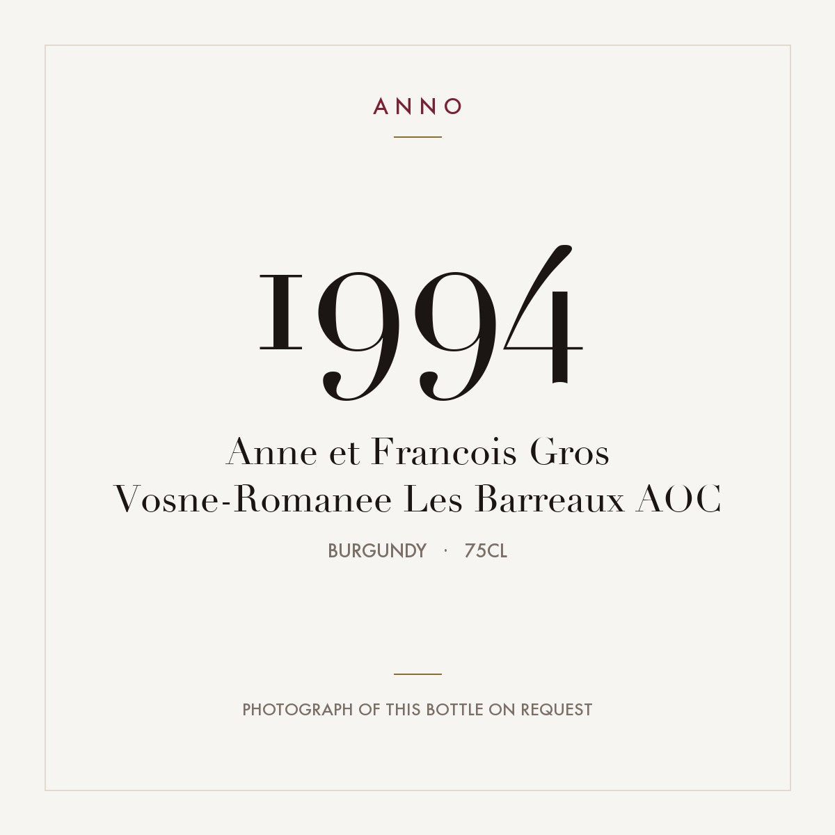 Anne et Francois Gros Vosne-Romanee Les Barreaux 1994 AOC 0,75l, Bourgogne — carte millésime ANNO ; photo de la bouteille réelle disponible sur demande