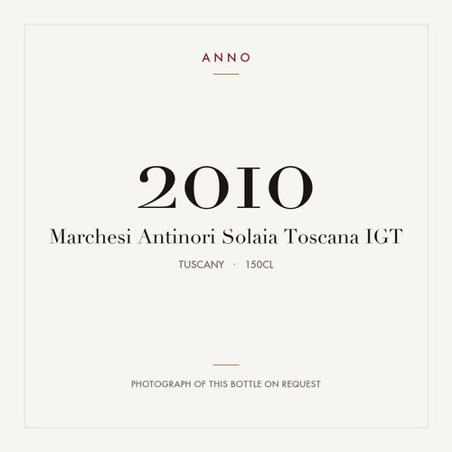 Marchesi Antinori Solaia Toscana 2010 IGT 1,5l, Toscana — cartão de colheita ANNO; fotografia da garrafa real disponível a pedido
