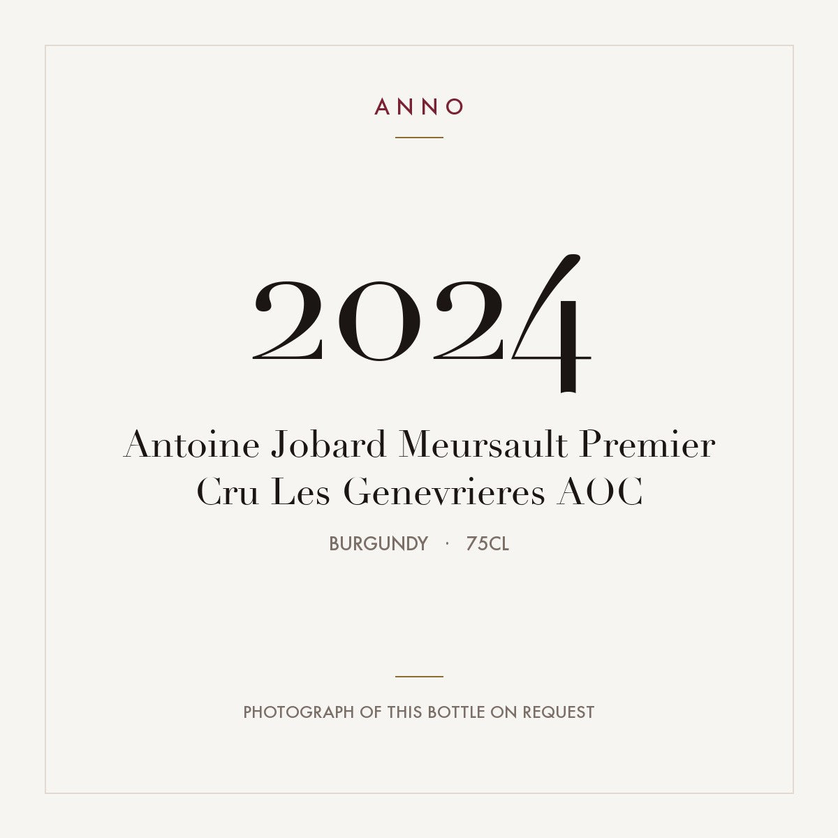 Antoine Jobard Meursault Premier Cru Les Genevrieres 2024 AOC 0,75l, Borgonha — cartão de colheita ANNO; fotografia da garrafa real disponível a pedido