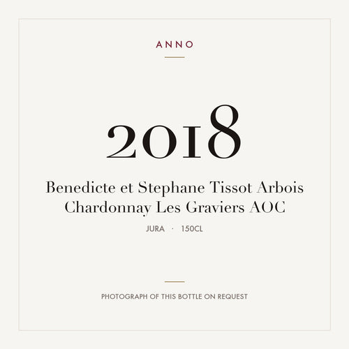 Benedicte et Stephane Tissot Arbois Chardonnay Les Graviers 2018 AOC 1,5l from Jura — ANNO vintage card; photograph of the actual bottle available on request