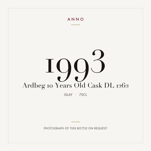 Ardbeg 10 Years Old Cask DL 1262 1993 0,7l from Islay — ANNO vintage card; photograph of the actual bottle available on request