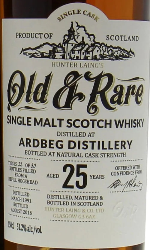 Ardbeg 25 Years Old & Rare Magnum Cask 1991 1,5l from Islay — ANNO vintage card; photograph of the actual bottle available on request