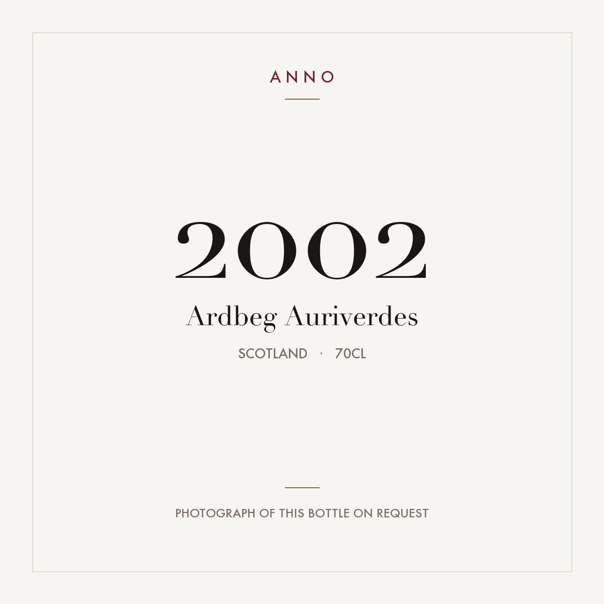 Ardbeg Auriverdes 2002 0,7l, Escócia — cartão de colheita ANNO; fotografia da garrafa real disponível a pedido
