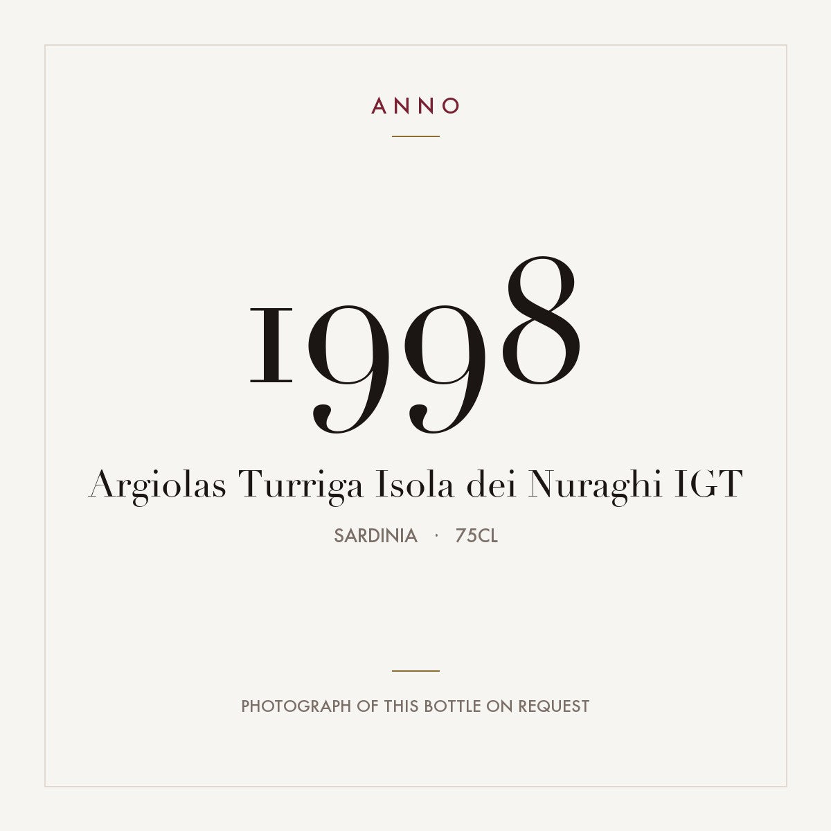 Argiolas Turriga Isola dei Nuraghi 1998 IGT 0,75l, サルデーニャ — ANNOヴィンテージカード。実際のボトルの写真はご要望に応じてご用意します