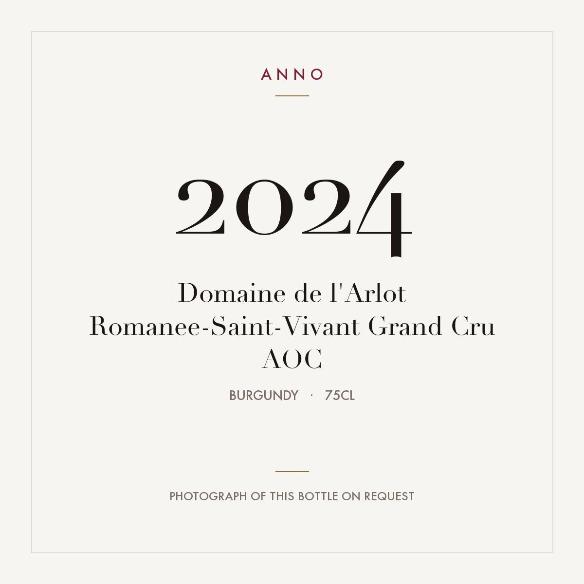Domaine de l'Arlot Romanee-Saint-Vivant Grand Cru 2024 AOC 0,75l, Бургундия — карточка урожая ANNO; фото настоящей бутылки по запросу