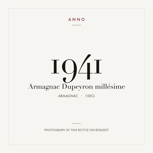 Dupeyron Armagnac 1941 1,5l — ANNO vintage card; photograph of the actual bottle available on request