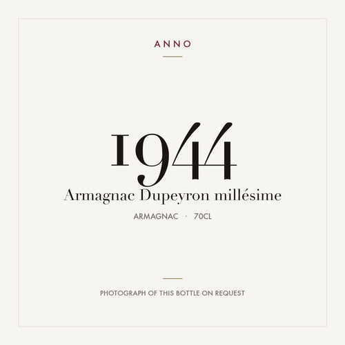 Dupeyron Armagnac 1944 0,7l — ANNO vintage card; photograph of the actual bottle available on request