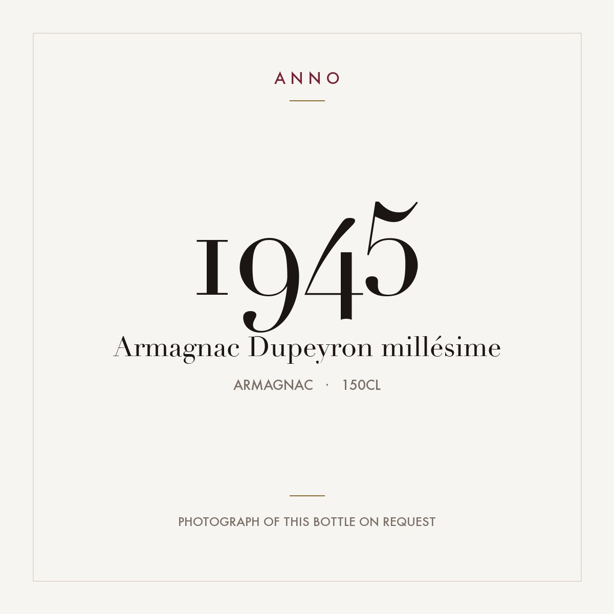 Dupeyron Armagnac 1945 1,5l — ANNO vintage card; photograph of the actual bottle available on request