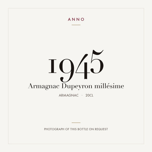 Dupeyron Armagnac 1945 0,2l — carte millésime ANNO ; photo de la bouteille réelle disponible sur demande
