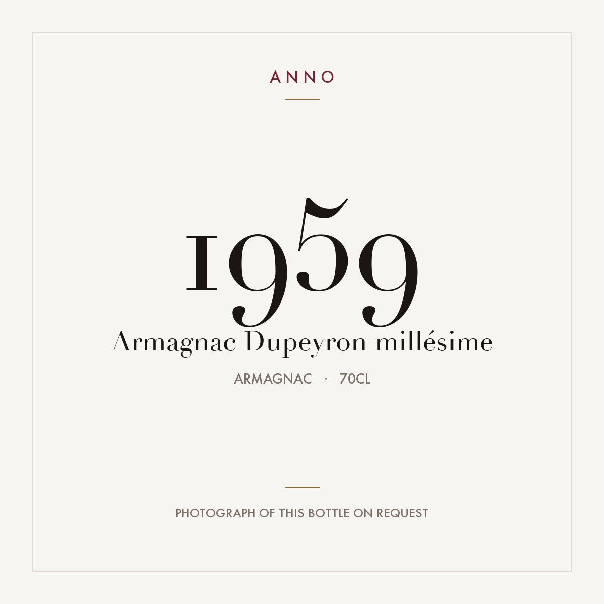 Dupeyron Armagnac 1959 0,7l — ANNO vintage card; photograph of the actual bottle available on request