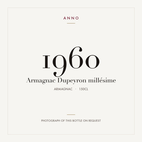 Dupeyron Armagnac 1960 1,5l — ANNO-årgangskort; foto af den faktiske flaske på forespørgsel