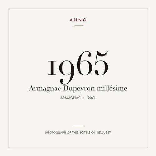Dupeyron Armagnac 1965 0,2l — карточка урожая ANNO; фото настоящей бутылки по запросу