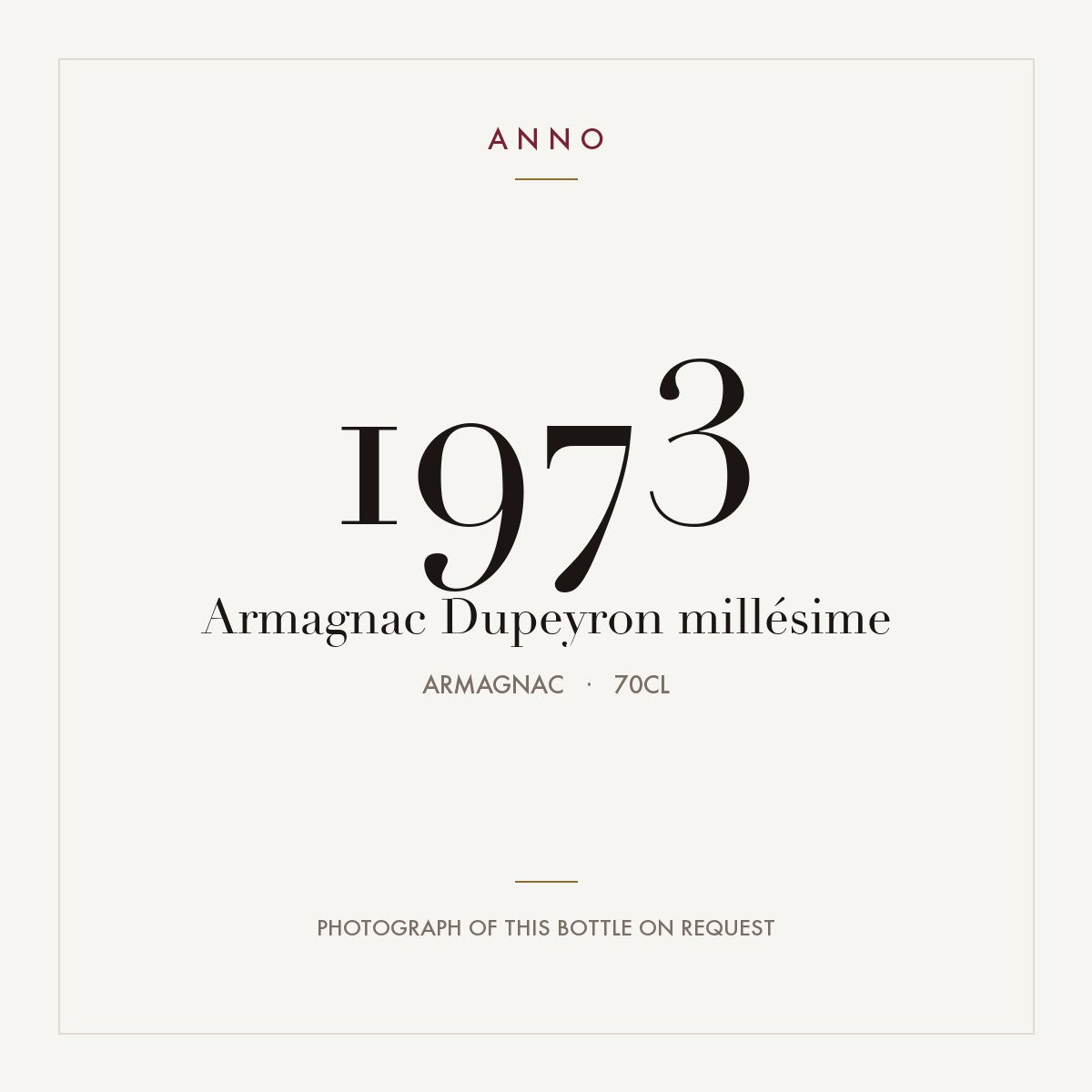 Dupeyron Armagnac 1973 0,7l — ANNO vintage card; photograph of the actual bottle available on request