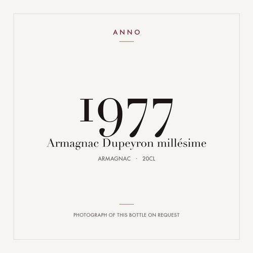Dupeyron Armagnac 1977 0,2l — ANNO-Jahrgangskarte; Foto der tatsächlichen Flasche auf Anfrage