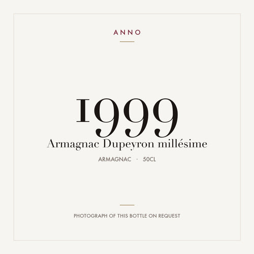 Dupeyron Armagnac 1999 0,5l — tarjeta de añada ANNO; foto de la botella real disponible bajo petición