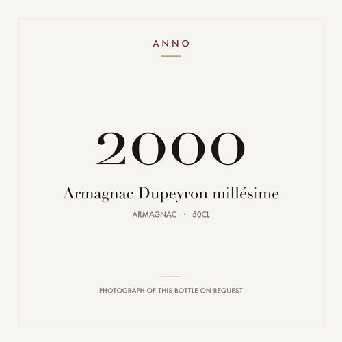 Dupeyron Armagnac 2000 0,5l — card dell'annata ANNO; foto della bottiglia reale disponibile su richiesta