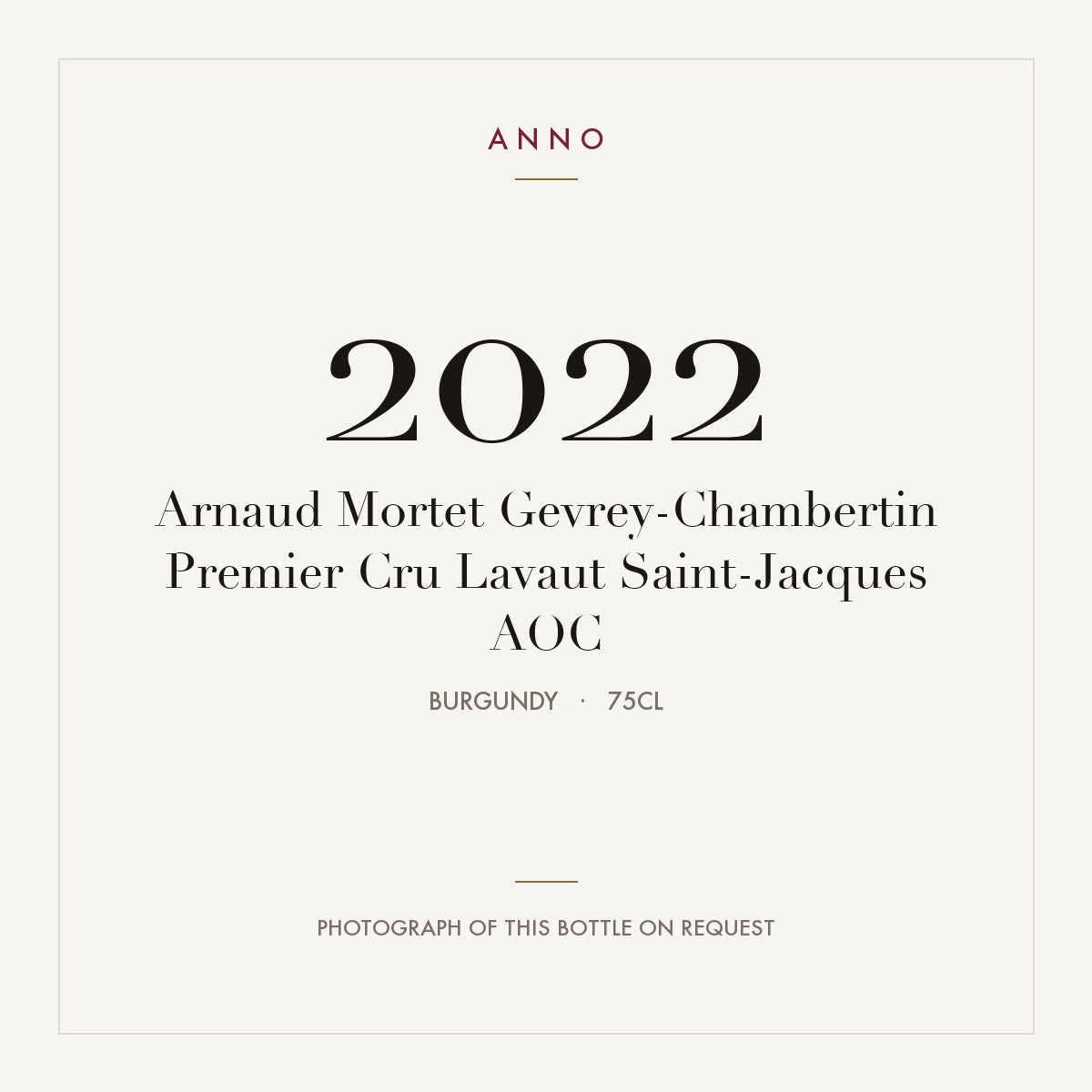 Arnaud Mortet Gevrey-Chambertin Premier Cru Lavaut Saint-Jacques 2022 AOC 0,75l, Bourgogne — ANNO-jaargangkaart; foto van de echte fles op aanvraag