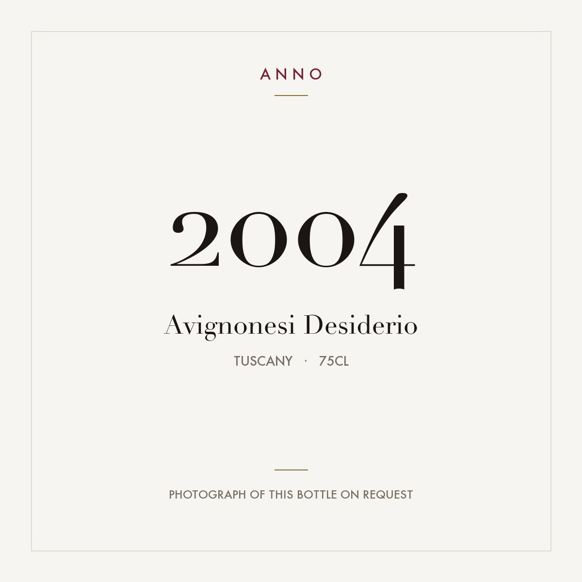 Avignonesi Desiderio 2004 0,75l, Toscana — tarjeta de añada ANNO; foto de la botella real disponible bajo petición