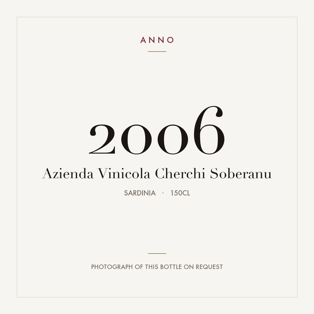 Azienda Vinicola Cherchi Soberanu 2006 1,5l, Sardaigne — carte millésime ANNO ; photo de la bouteille réelle disponible sur demande