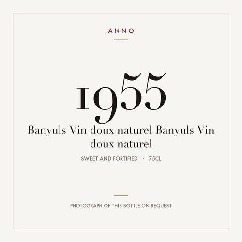 Vin Doux Naturel Banyuls 1955 AOC 0,75l — tarjeta de añada ANNO; foto de la botella real disponible bajo petición