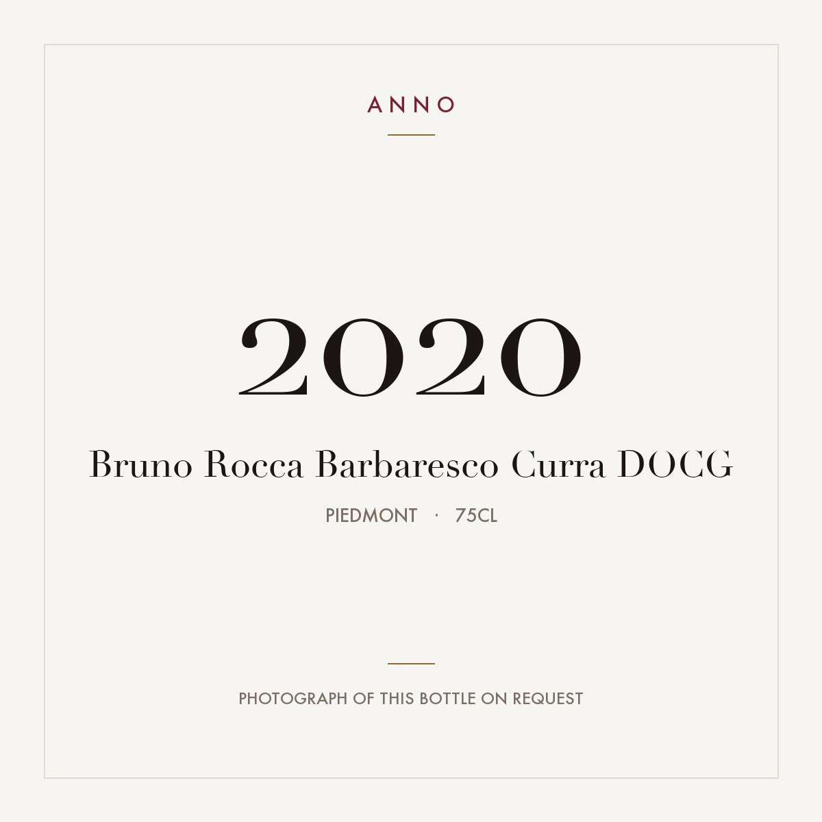 Bruno Rocca Barbaresco Curra 2020 DOCG 0,75l from Piedmont — ANNO vintage card; photograph of the actual bottle available on request