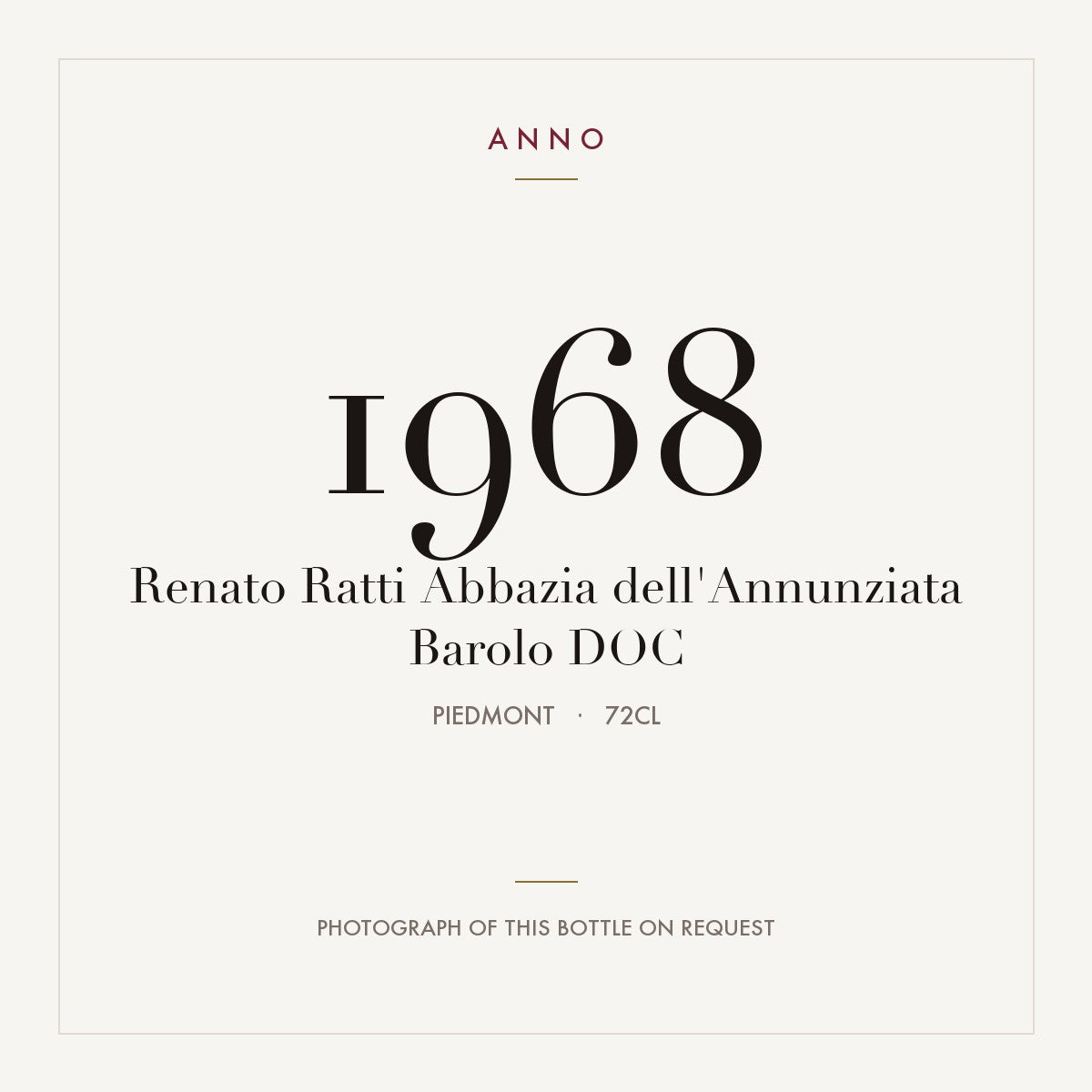 Renato Ratti Abbazia dell'Annunziata Barolo 1968 DOCG 0,72l from Piedmont — ANNO vintage card; photograph of the actual bottle available on request