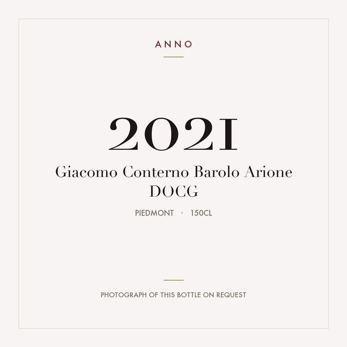 Giacomo Conterno Barolo Arione 2021 DOCG 1,5l, Piemonte — cartão de colheita ANNO; fotografia da garrafa real disponível a pedido