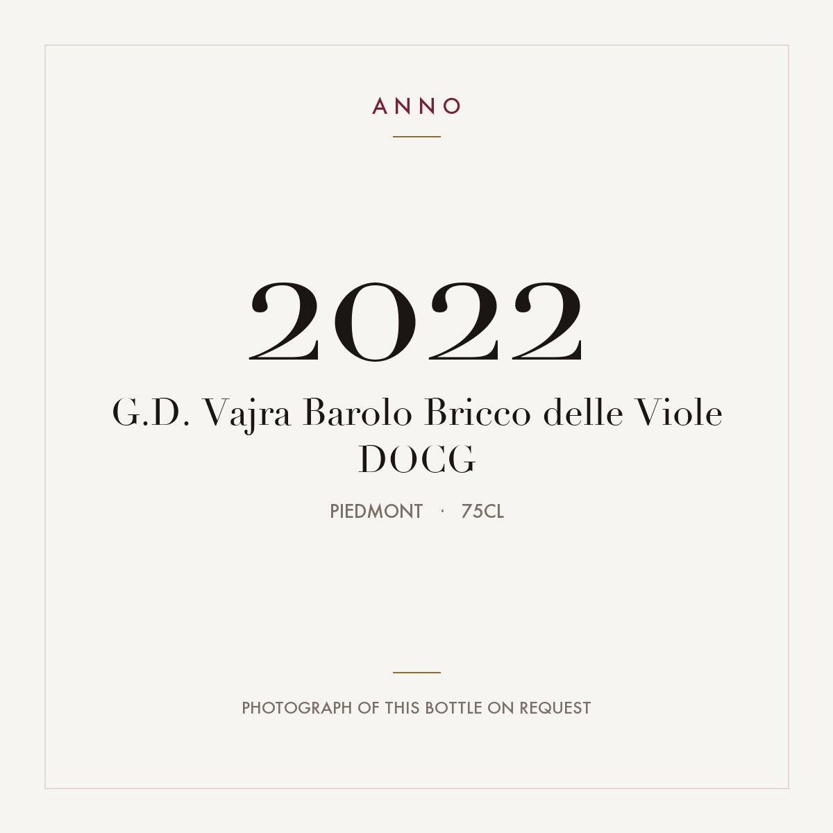 G.D. Vajra Barolo Bricco delle Viole 2022 DOCG 0,75l from Piedmont — ANNO vintage card; photograph of the actual bottle available on request