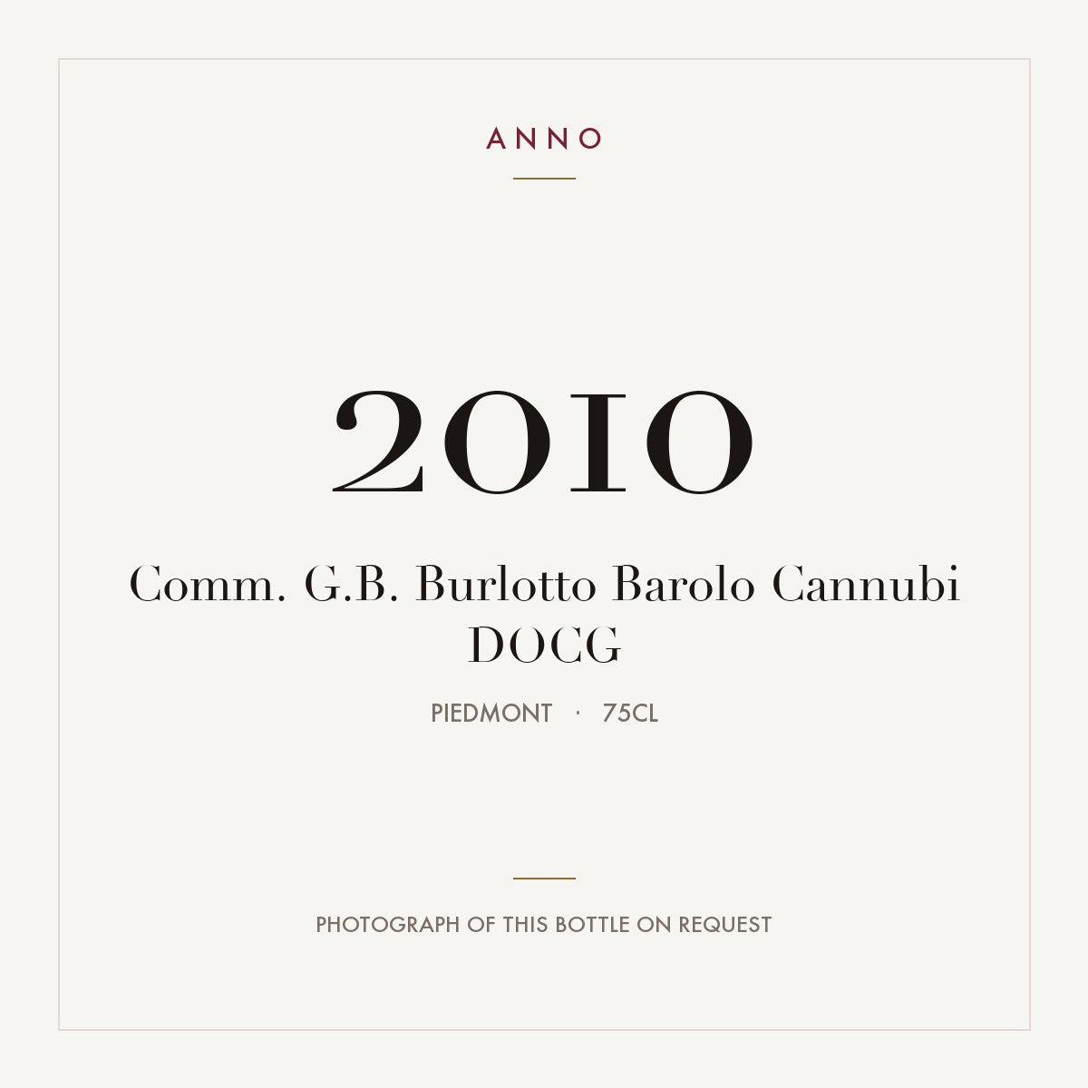 Comm. G.B. Burlotto Barolo Cannubi 2010 DOCG 0,75l from Piedmont — ANNO vintage card; photograph of the actual bottle available on request