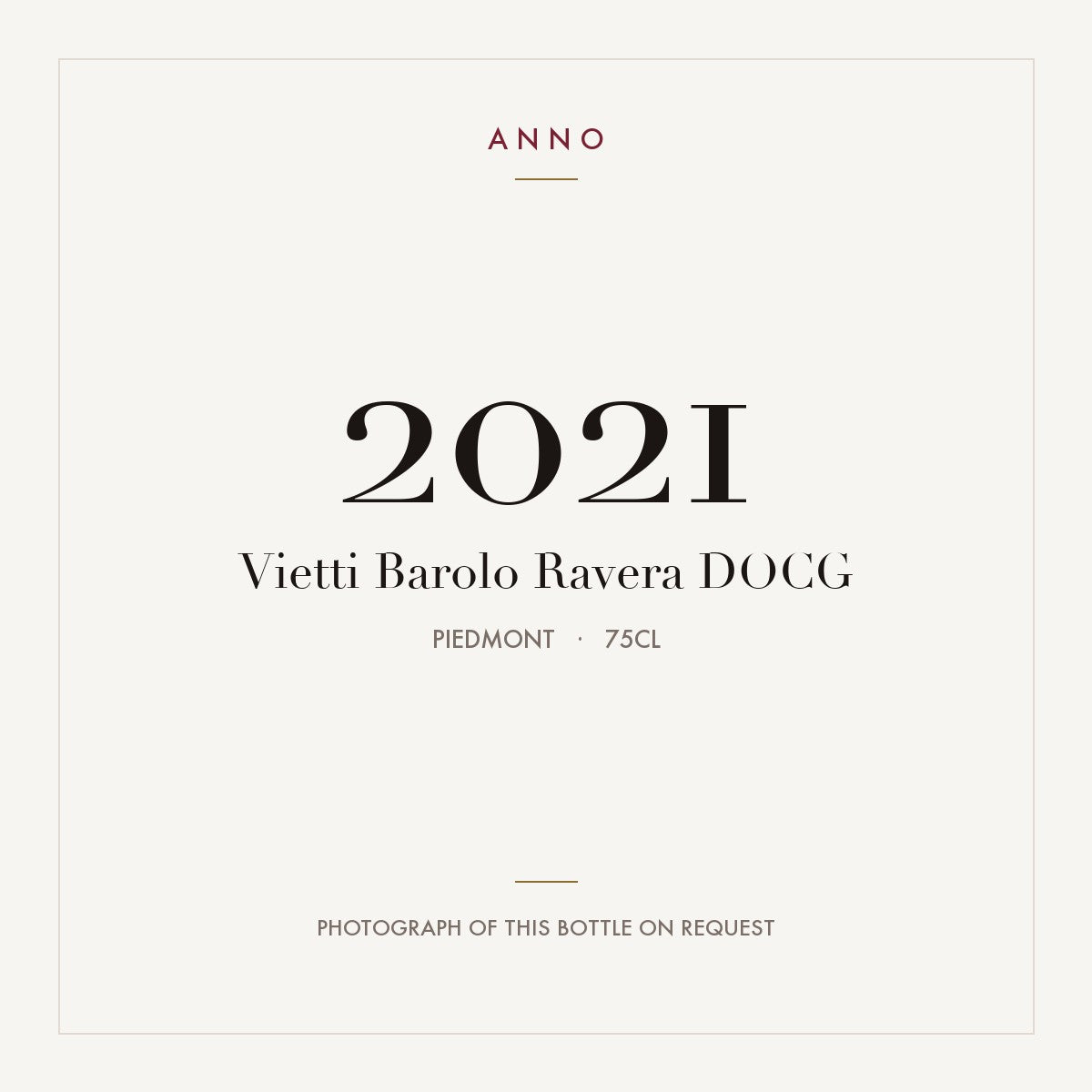Vietti Barolo Ravera 2021 DOCG 0,75l, Piemont — ANNO-Jahrgangskarte; Foto der tatsächlichen Flasche auf Anfrage