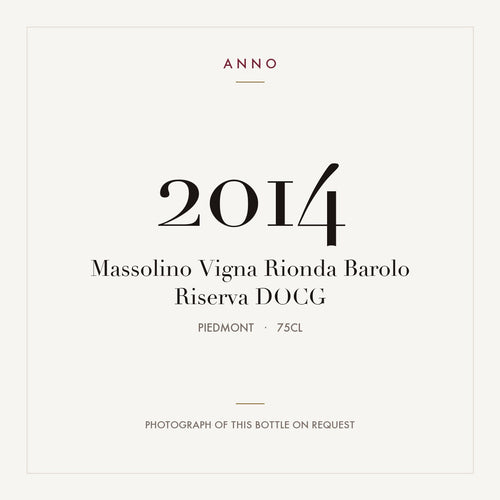 Massolino Vigna Rionda Barolo Riserva 2014 DOCG 0,75l from Piedmont — ANNO vintage card; photograph of the actual bottle available on request