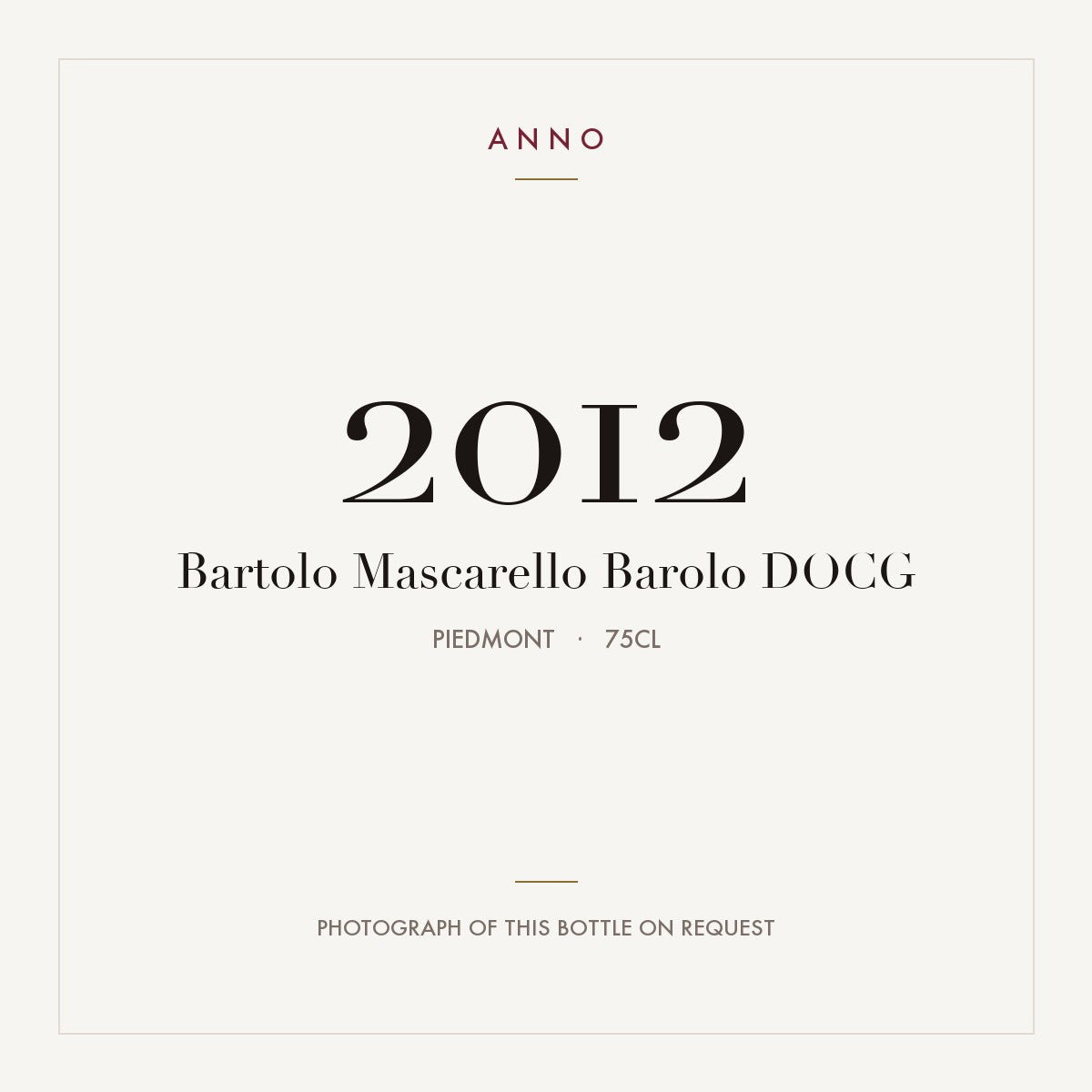 Bartolo Mascarello Barolo 2012 DOCG 0,75l, Пьемонт — карточка урожая ANNO; фото настоящей бутылки по запросу