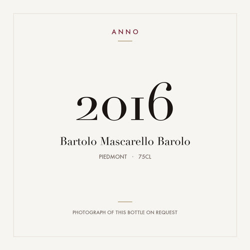 Bartolo Mascarello Barolo 2016 0,75l — card dell'annata ANNO; foto della bottiglia reale disponibile su richiesta