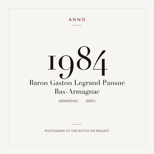 Baron Gaston Legrand Pansue Bas-Armagnac 1984 2l from Armagnac — ANNO vintage card; photograph of the actual bottle available on request