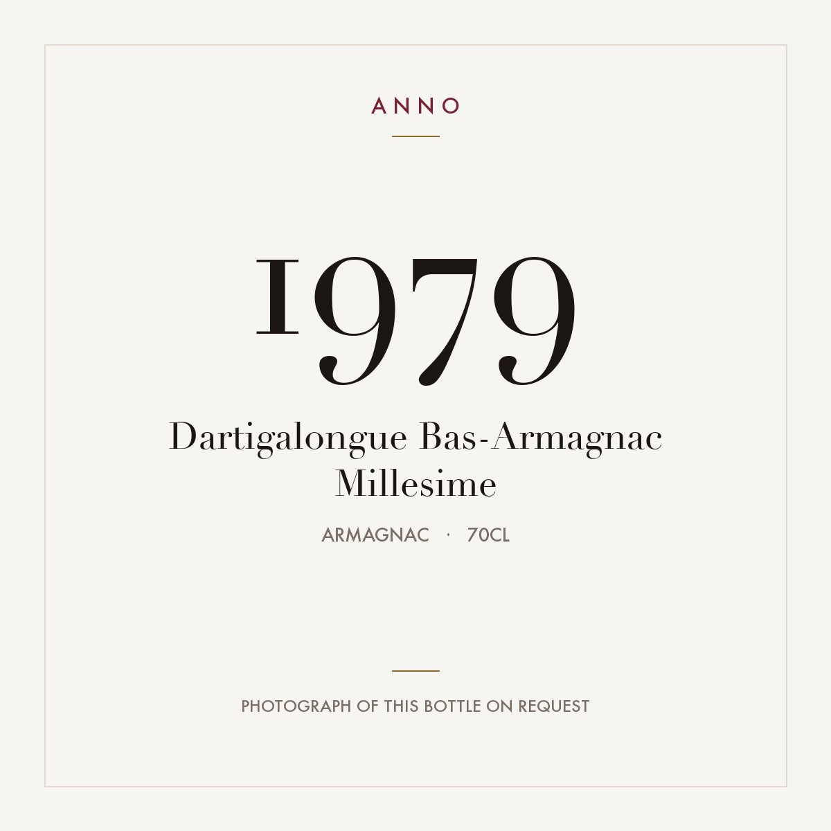 Dartigalongue Bas-Armagnac Millesime 1979 0,7l from Armagnac — ANNO vintage card; photograph of the actual bottle available on request