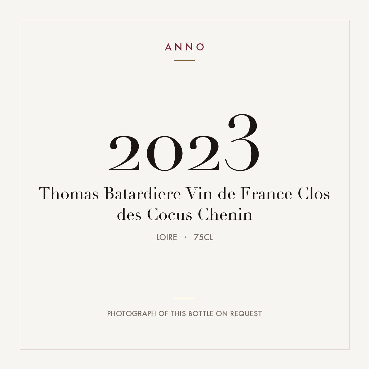 Thomas Batardiere Vin de France Clos des Cocus Chenin 2023 0,75l, Loire — cartão de colheita ANNO; fotografia da garrafa real disponível a pedido
