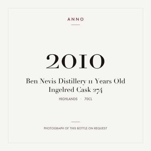 Ben Nevis Distillery 11 Years Old Ingelred Cask 274 2010 0,7l from Highlands — ANNO vintage card; photograph of the actual bottle available on request