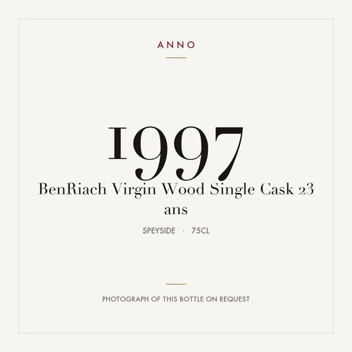 BenRiach Virgin Wood Single Cask 23 ans 1997 0,75l from Speyside — ANNO vintage card; photograph of the actual bottle available on request