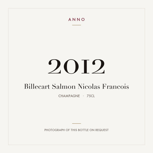 Billecart Salmon Nicolas Francois 2012 0,75l — tarjeta de añada ANNO; foto de la botella real disponible bajo petición