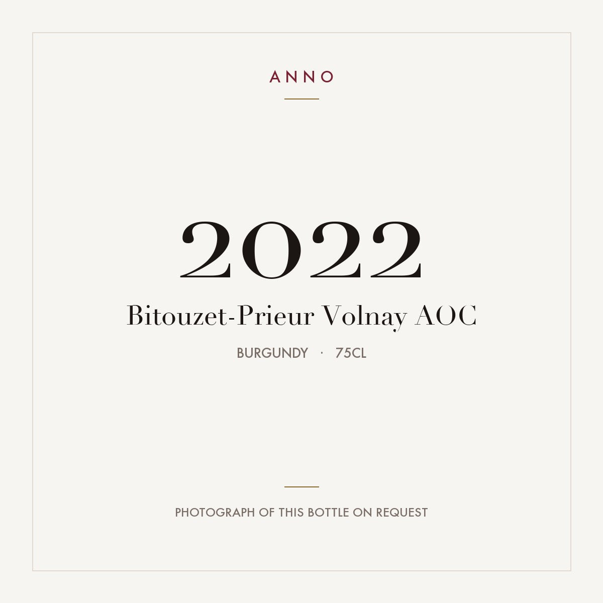 Bitouzet-Prieur Volnay 2022 AOC 0,75l, Borgonha — cartão de colheita ANNO; fotografia da garrafa real disponível a pedido